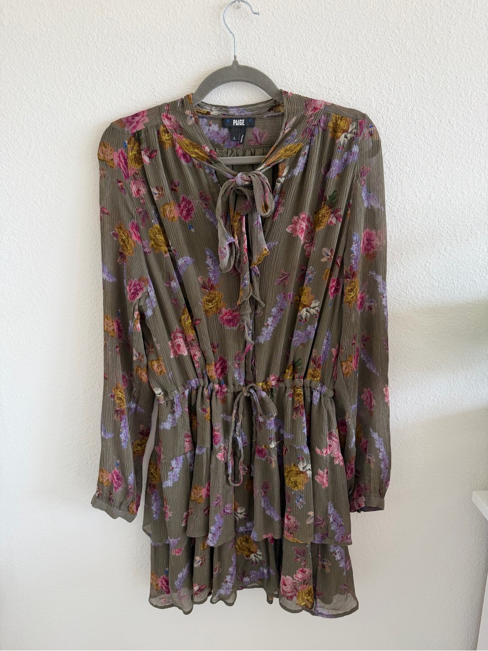 Paige Silk Olive Floral Tie-Neck Tiered Mini Dress Size L